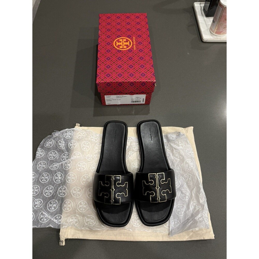 Tory Burch women's Black Double T Sport Slide Sandals size 12